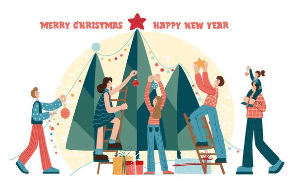 Bărbaţi, femei şi copii decorând pomul de Crăciun. Petrecere de vacanţă de Crăciun fericit. Personaje care sărbătoresc Ajunul Anului Nou Peisaj de Crăciun de iarnă . — Vector de stoc