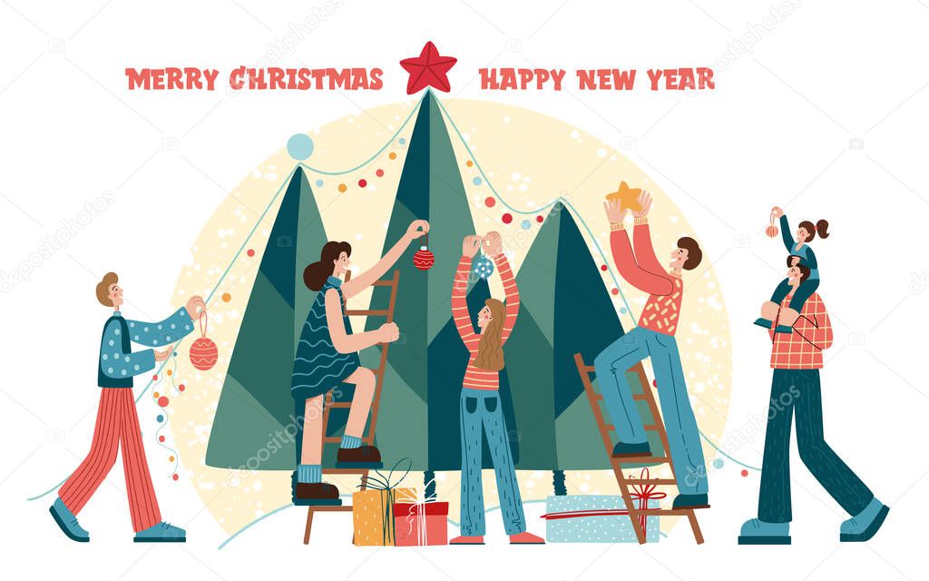  Men, women and children decorating Christmas tree. Merry Xmas Holiday Party. Characters Celebrating New Year Eve. Winter Christmas scenery.