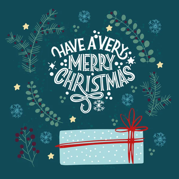 Să ai un Crăciun foarte fericit. Cadouri şi ramuri de brad. Mare litere pentru felicitări, autocolante, bannere, imprimeuri și decoruri interioare acasă. Felicitări de Crăciun. Anul Nou fericit 2021 . — Vector de stoc