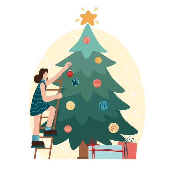 Femeile decorează pomul de Crăciun. Petrecere de vacanţă de Crăciun fericit. Personaje care sărbătoresc Ajunul Anului Nou Peisaj de Crăciun de iarnă — Vector de stoc