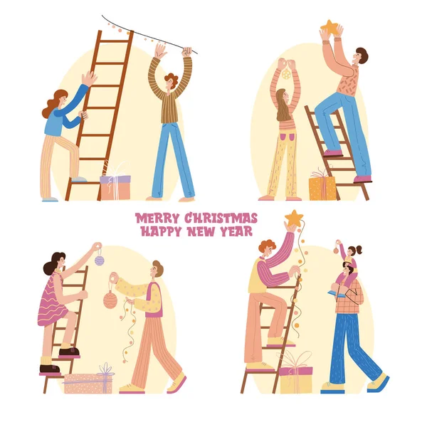 Bărbaţi, femei şi copii decorând pomul de Crăciun. Petrecere de vacanţă de Crăciun fericit. Personaje care sărbătoresc Ajunul Anului Nou Peisaj de Crăciun de iarnă . — Vector de stoc