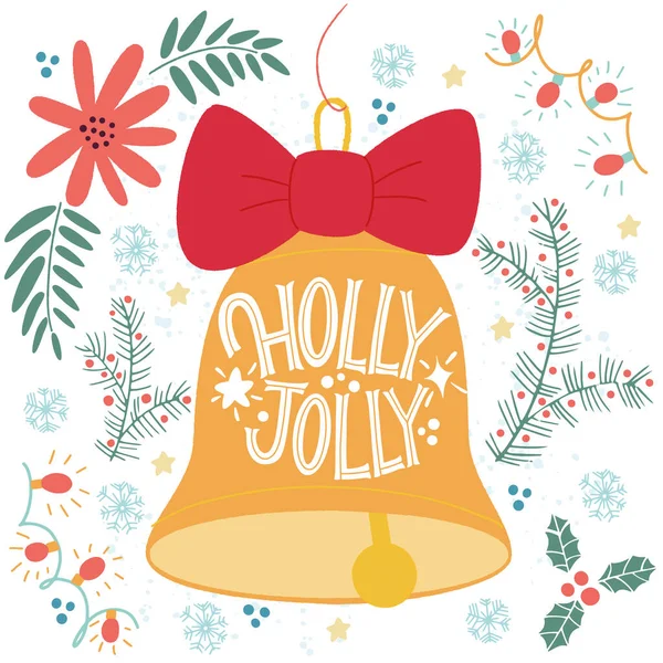 Holly Jolly. Clopoţel de Anul Nou. Mare litere pentru felicitări, autocolante, bannere, imprimeuri și decoruri interioare acasă. Felicitări de Crăciun. Crăciun fericit și Anul Nou fericit 2021 . — Vector de stoc