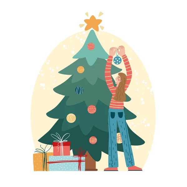 Femeile decorează pomul de Crăciun. Petrecere de vacanţă de Crăciun fericit. Personaje care sărbătoresc Ajunul Anului Nou Peisaj de Crăciun de iarnă — Vector de stoc