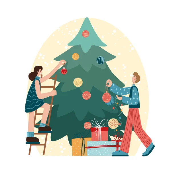 Bărbaţi şi femei decorând pomul de Crăciun. Petrecere de vacanţă de Crăciun fericit. Personaje care sărbătoresc Ajunul Anului Nou Peisaj de Crăciun de iarnă . — Vector de stoc
