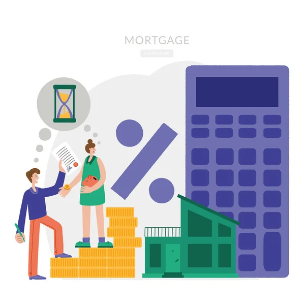 A man and a woman are choosing a house for a mortgage. A young couple chooses a home. House Loan, Rent and Mortgage Concept. — Stock Vector