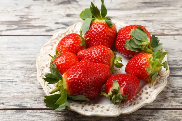 Fresh Strawberries Plate Wooden Table — Stock Photo, Image