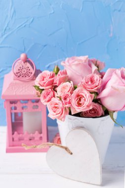 Pembe gül beyaz pot ve beyaz kalp mavi duvara çiçeklenir. Çiçekli natürmort. Seçici odak. Dikey görüntü.