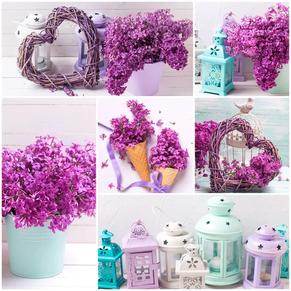 Collage Mit Lila Blüten Frühling Und Pastellfarbenen Laternen Auf Hellem — Stockfoto