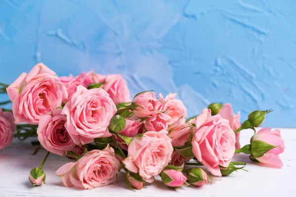 Fiori Rosa Teneri Rose Sfondo Strutturato Azzurro Natura Morta Floreale — Foto Stock