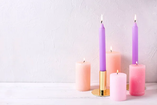 Pastel Color Diffenent Color Burning Candles White Textured Background Place — Stock Photo, Image