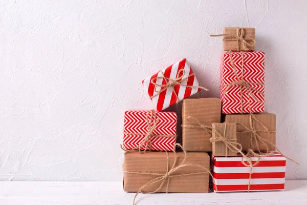 Wrapped Colorful Gift Boxes Presents White Textured Background Selective Focus — Stock Photo, Image