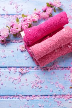 Pembe banyo havlusu mavi ahşap arka plan üzerinde kümesi. Seçici odak. Metin için yer. Dikey görüntü.