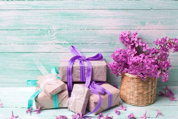 Violet Lilac Flowers Boxes Presents Turquoise Background Selective Focus Place — Stock Photo, Image