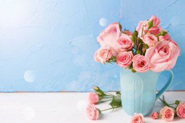 Pnk gül çiçek mavi dokulu duvar karşı ışık ışını mavi Kupası ile arka plan. Çiçekli natürmort. Seçici odak. Metin için yer.