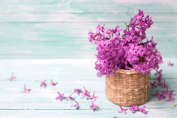 Achtergrond Met Verse Violet Lila Bloemen Turquoise Geschilderde Houten Achtergrond — Stockfoto