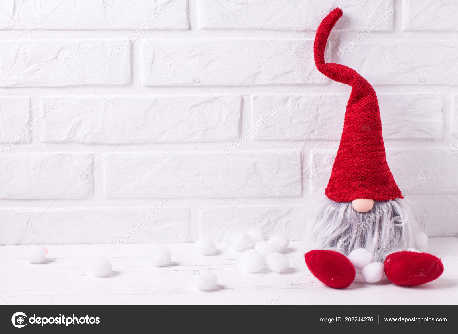 Decorative Christmas Elf Gnome White Wooden Background Brick Wall Stock  Photo by ©daffodil 203244276
