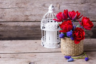 Beyaz kova ve mum fener ahşap arka plan üzerinde kırmızı lale. 