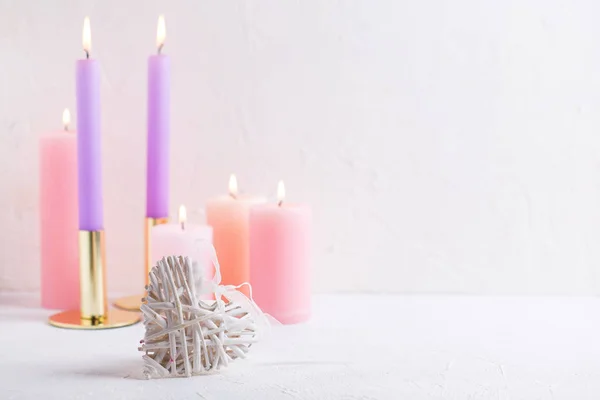 Heart Burning Candles White Textured Background — Stock Photo, Image