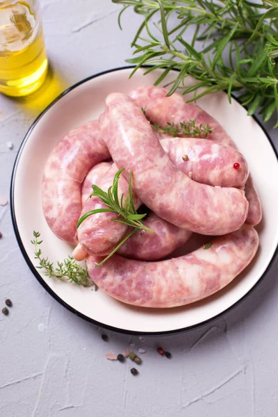 Fresh Homemade Raw Sausages Plate Grey Textured Background Top View — Stock Photo, Image