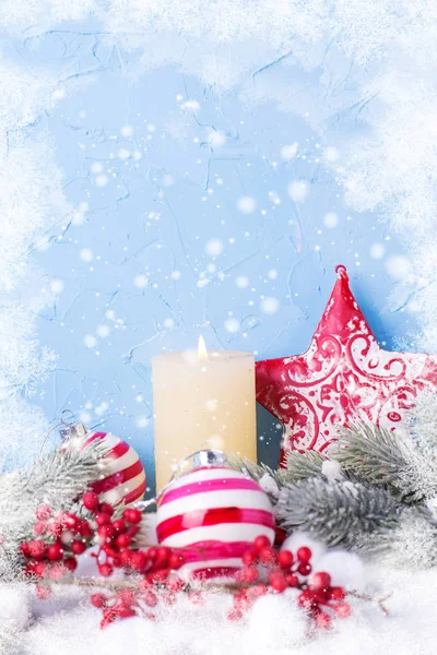 Holiday Background Burning Candle Balls Red Star Berries Fir Tree — Stock Photo, Image
