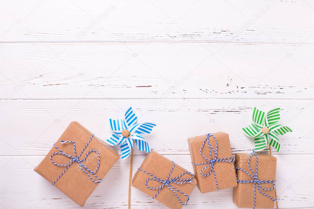 festive gift boxes wrapped in wrapping paper