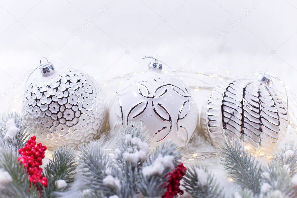 christmas and new year set with decorative white balls