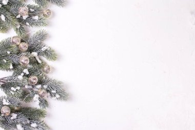 uygun ağaç dalları ve beyaz arka plan üzerinde Noel süsleri üstten görünüm