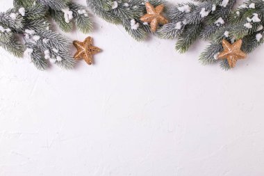uygun ağaç dalları ve beyaz arka plan üzerinde Noel süsleri üstten görünüm
