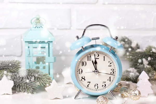 Christmas Decorative Set Blue Alarm Clock — Stock Photo, Image