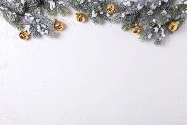 Top View Fit Tree Branches Christmas Decorations White Background — Stock Photo, Image