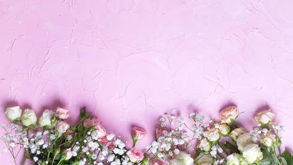 Tendido Plano Con Flores Gypsophila Blanco Rosas Sobre Fondo Rosa —  Fotos de Stock
