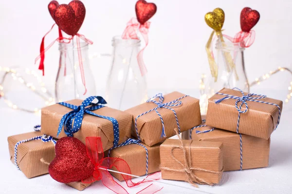 Close View Wrapped Presents Red Hearts White Background — Stock Photo, Image