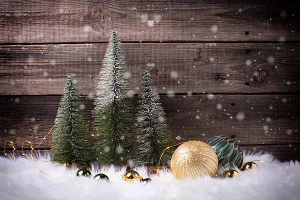 Winter Holidays Set Decorative Fir Trees Wooden Background — 图库照片