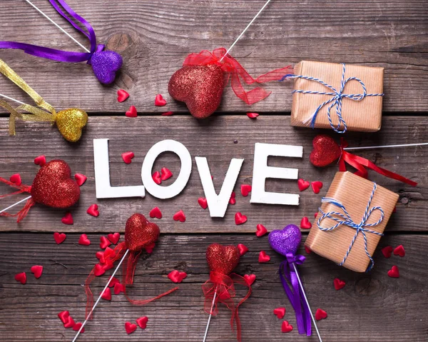 Walentynki Ustawić Miłością Biały Napis Drewnianym Blatem — Zdjęcie stockowe