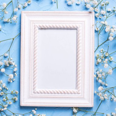 Boş çerçeve ve taze beyaz alçı çiçekleri 