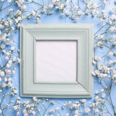 Boş vintage yeşil çerçeve ve taze beyaz alçı çiçekleri