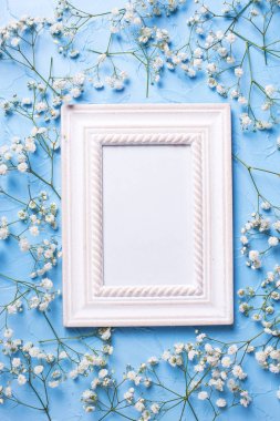 Boş çerçeve ve taze beyaz alçı çiçekleri 
