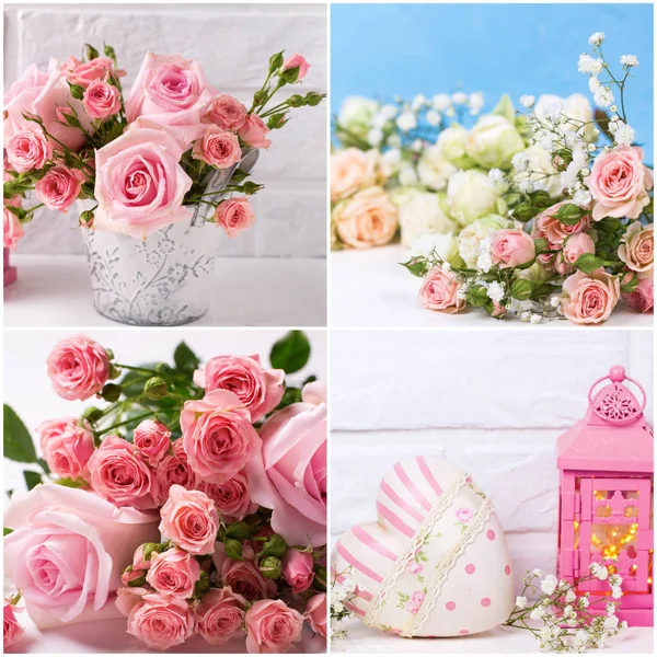 Koláž z romantických fotografií s růžovými růží na textur — Stock fotografie