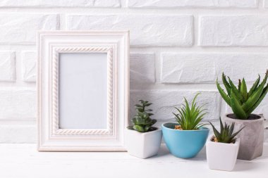 Tencere Nea içinde boş çerçeve mockup ve sulu meyveler ve kaktüs bitkiler