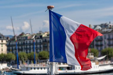 bayrak sallayarak arka planda şehir Cenevre, İsviçre ve mavi gökyüzü ile su üzerinde Fransız