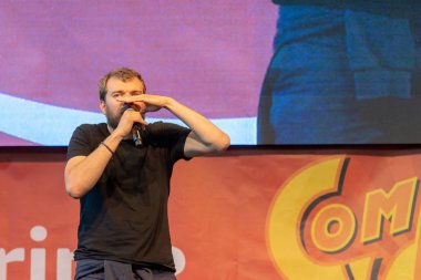 Stuttgart, Almanya - 30th Haziran 2018: Comic Con Almanya Stuttgart, bir iki gün fan kongre, Pilou Asbaek (tahtlar oyunu)