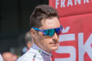 Eschborn, Almanya - 1 Mayıs 2018: Franck Bonnamour (takım Fortuneo Samsic) Frankfurt Eschborn bisiklet yarışı