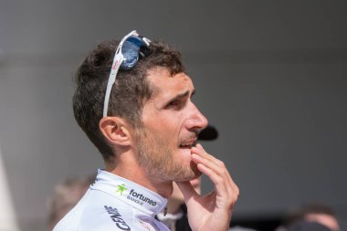 Eschborn, Almanya - 1 Mayıs 2018: Brice Feillu (takım Fortuneo Samsic) Frankfurt Eschborn bisiklet yarışı