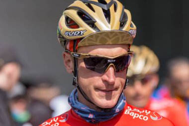 ESCHBORN, GERMANY - MAY 1st 2018: Enrico Gasparotto (Bahrain Merida) at Eschborn-Frankfurt cycling race clipart