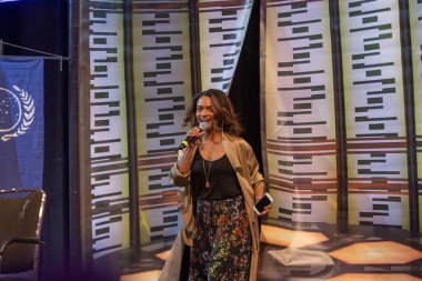 Bonn, Almanya - 19th Mayıs 2018: Rekha Sharma (oyuncu - Battlestar Galactica) Fedcon 27, dört gün bilim-kurgu fan kongre