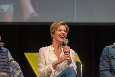 Bonn, Almanya - 19th Mayıs 2018: Tricia Helfer (* 1974, oyuncu - Battlestar Galactica, Lucifer) Fedcon 27, dört gün sci-fi fan kongre