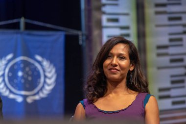 Bonn, Almanya - 19th Mayıs 2018: Rekha Sharma (oyuncu - Battlestar Galactica) Fedcon 27, dört gün bilim-kurgu fan kongre
