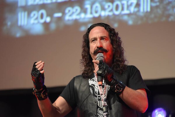 Bonn, Germany. 20th Oct 2017. Ari Lehman (* 1965), US actor - first Jason Voorhees in Friday the 13th - talking about his experiences during a panel at Fear Con, a horror fan convention taking place in the Maritim Hotel Bonn between October 20-22nd, 