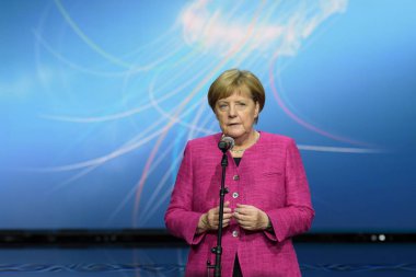 Frankfurt, Almanya. 14 Eylül, 2017. Angela Merkel de Frankfurt/Main 67 IAA Uluslararası Motor Show ile onun tur sonunda Salı, 14th Eylül 2017 konuşma