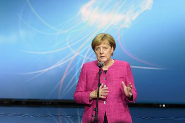 Frankfurt, Almanya. 14 Eylül, 2017. Angela Merkel de Frankfurt/Main 67 IAA Uluslararası Motor Show ile onun tur sonunda Salı, 14th Eylül 2017 konuşma
